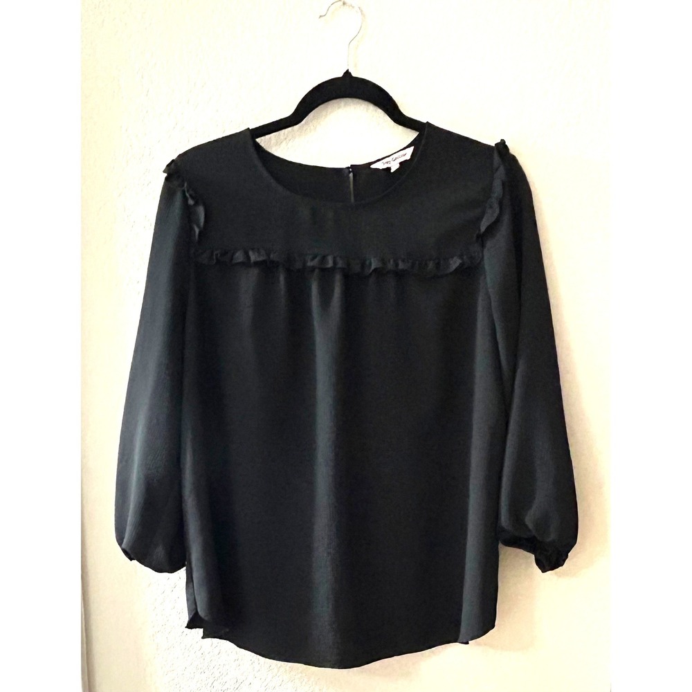 Juicy Couture Black Ruffle Crepe Blouse Large 3/4 Sleeve Keyhole Back Top